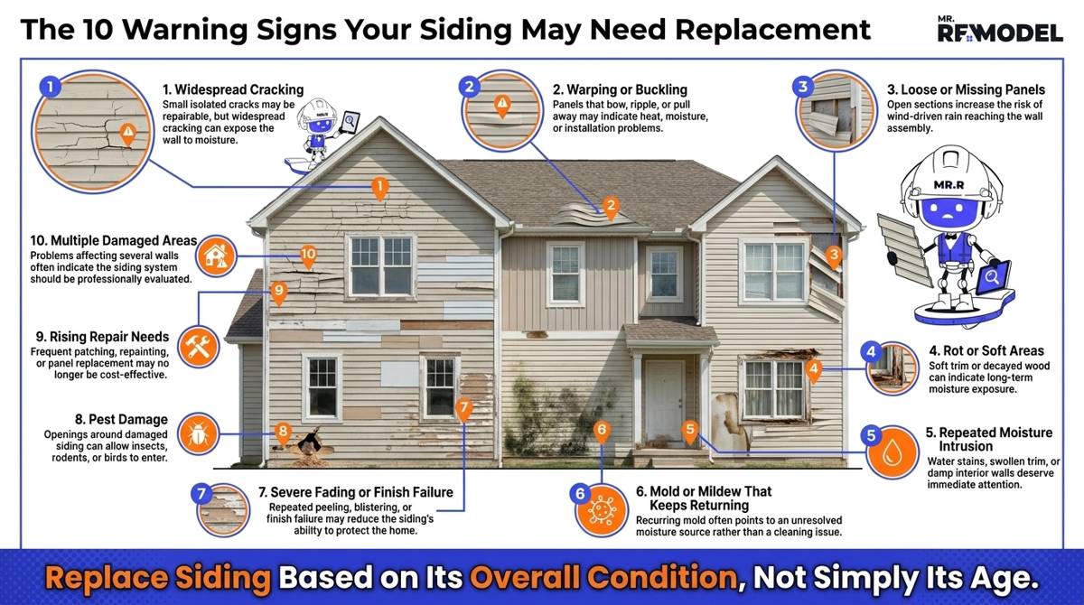 Editorial home exterior highlighting the ten most common warning signs that siding may need replacement, including cracking, warping, moisture damage, rot, loose panels, and recurring repairs.